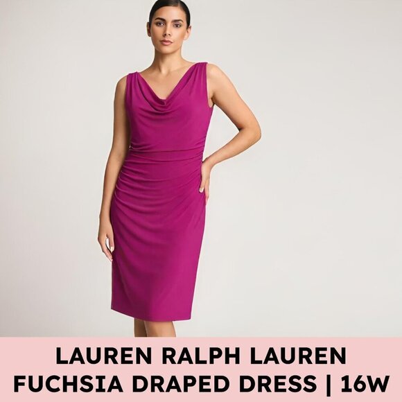 Lauren Ralph Lauren Christmas Draped Cowl Dress Fuchsia Magenta Plus Size 16W - Picture 1 of 8